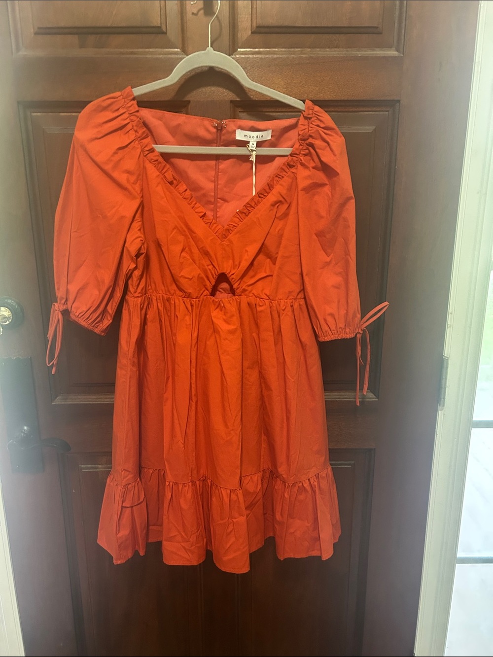 moodie Orange Puff Sleeve V-Neck Tiered Midi Dress
